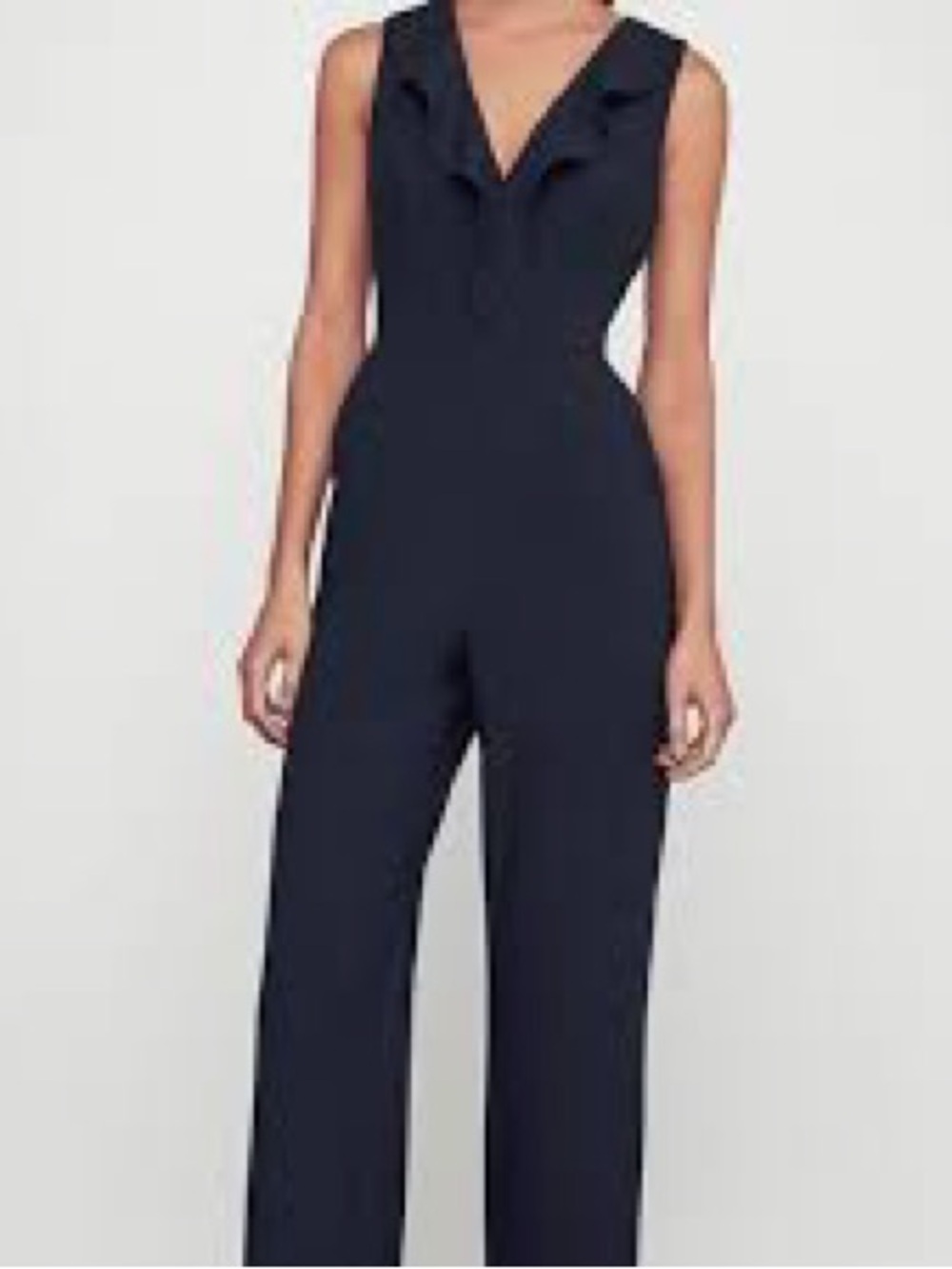 BCBG Sleeveless Ruffle V-Neck Jumpsuit in Navy Size 6